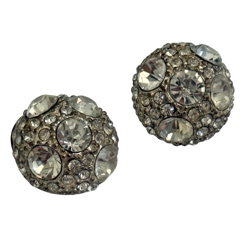 Vintage Rhinestone Dome Stud Earrings Pave Crystal Silver Tone 0.75" Womens